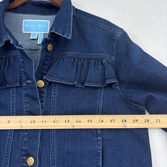 Draper James Jean Jacket Womens Size L Dark Wash Button Up Stretch Denim Ruffle - Picture 9 of 12